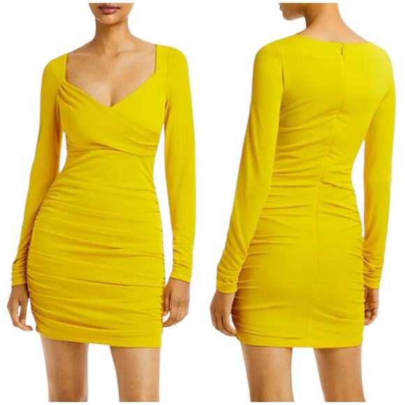 Cinq à Sept NWT Miah Ruched Mini Dress Pineapple Yellow Size 4 Long Sleeve - Picture 1 of 14